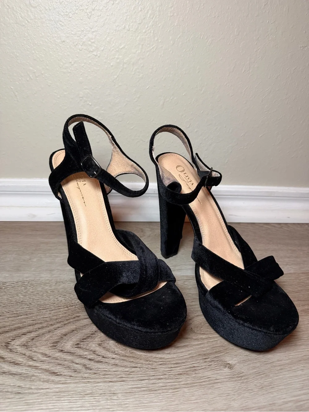 Black Velvet Platform Sandals with Ankle Strap
